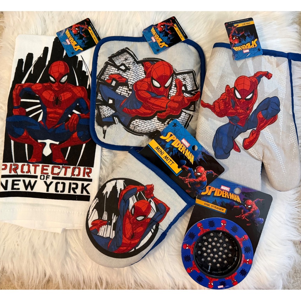 Marvel Spider-Man 5pc Kitchen Set Oven Mitt Pot Holder Towel Sink Strainer NEW